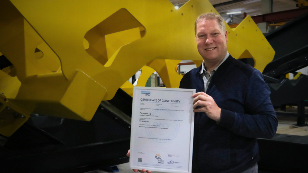 In this picture Ferroplan's CEO Antti Rousu with the ISO 3834-2 certificate in his hands.