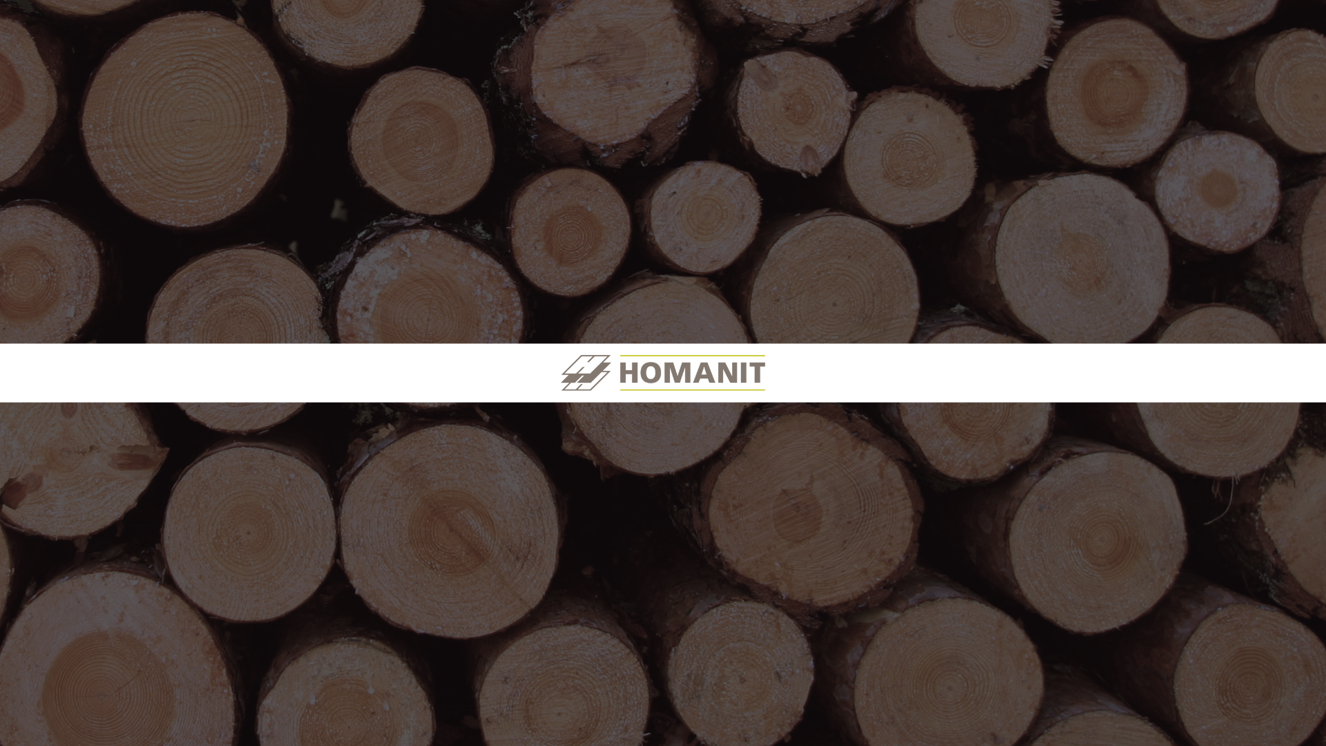 Homanit logo on a background image of logs